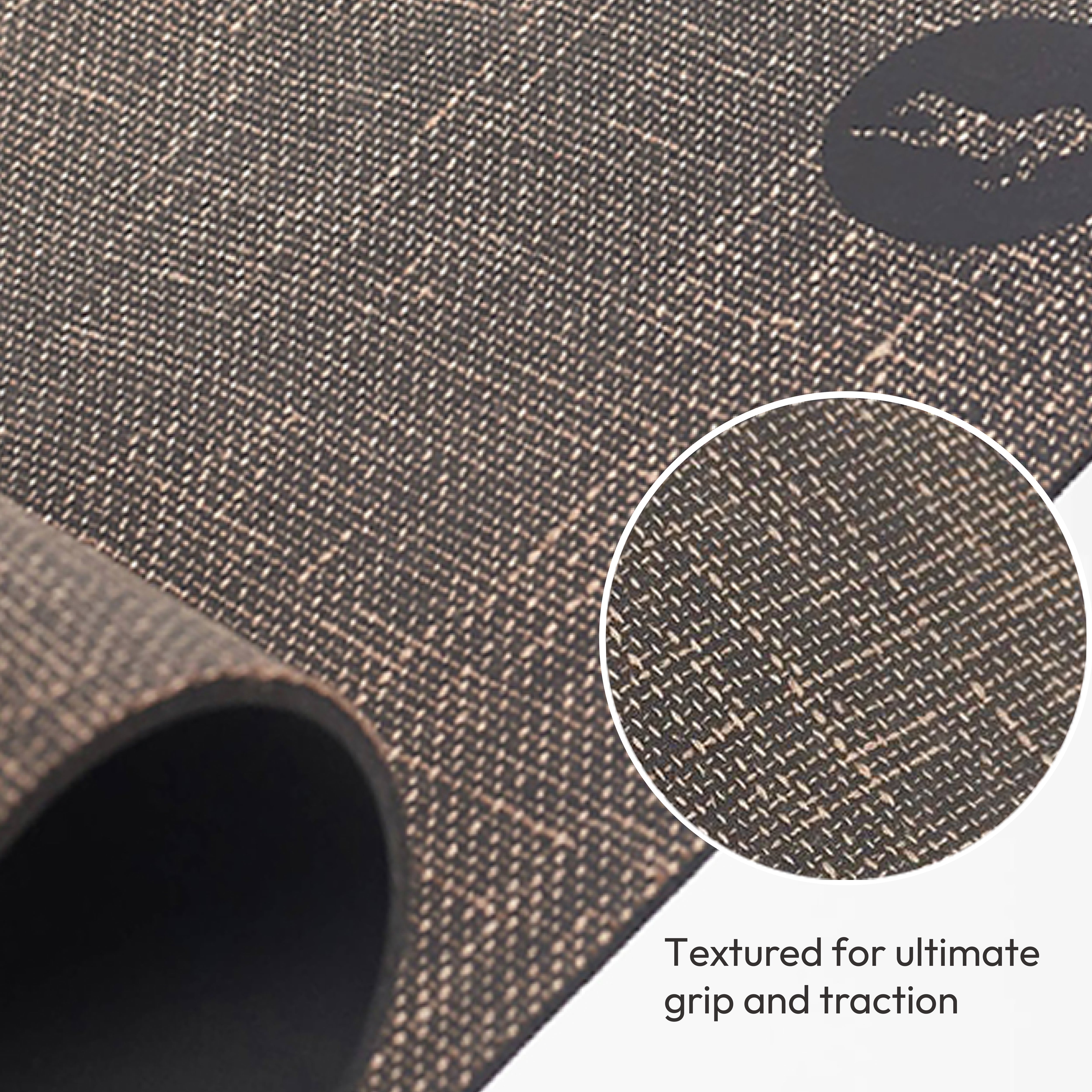 Close-up of MSY Bengal Yoga Mat showing its natural jute and rubber woven pattern; text reads "Textured for ultimate non-slip grip and traction".