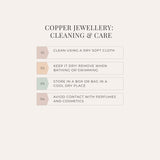 Infographic titled "Copper Jewellery: Cleaning & Care" features four tips for caring for your Maya Shanti Yoga Copper Bracelet on a beige background.