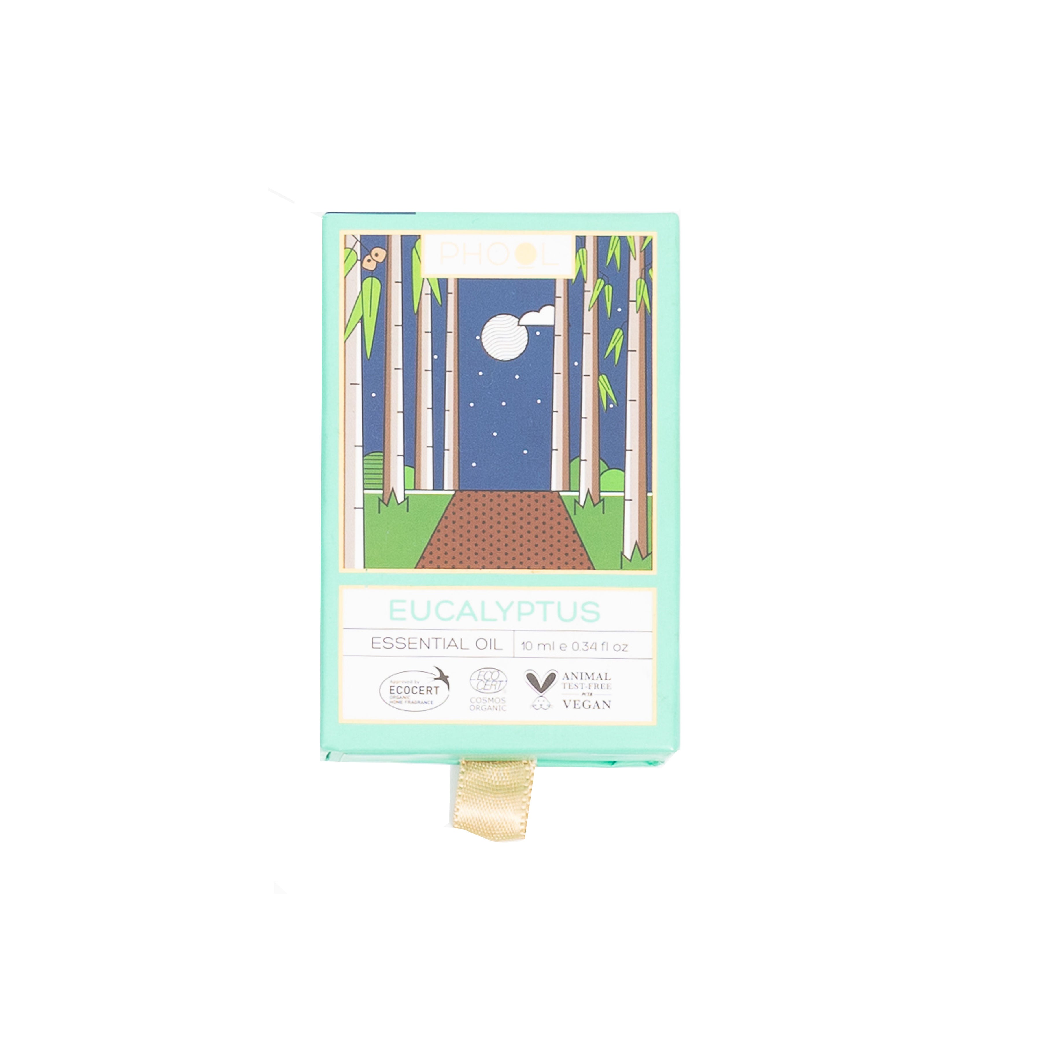 Phool Essential Oils - Eucalyptus by Maya Shanti Yoga comes in a rectangular box with a forest-themed label, certification logos, and a gold ribbon—ideal for aromatherapy routines to support immunity.