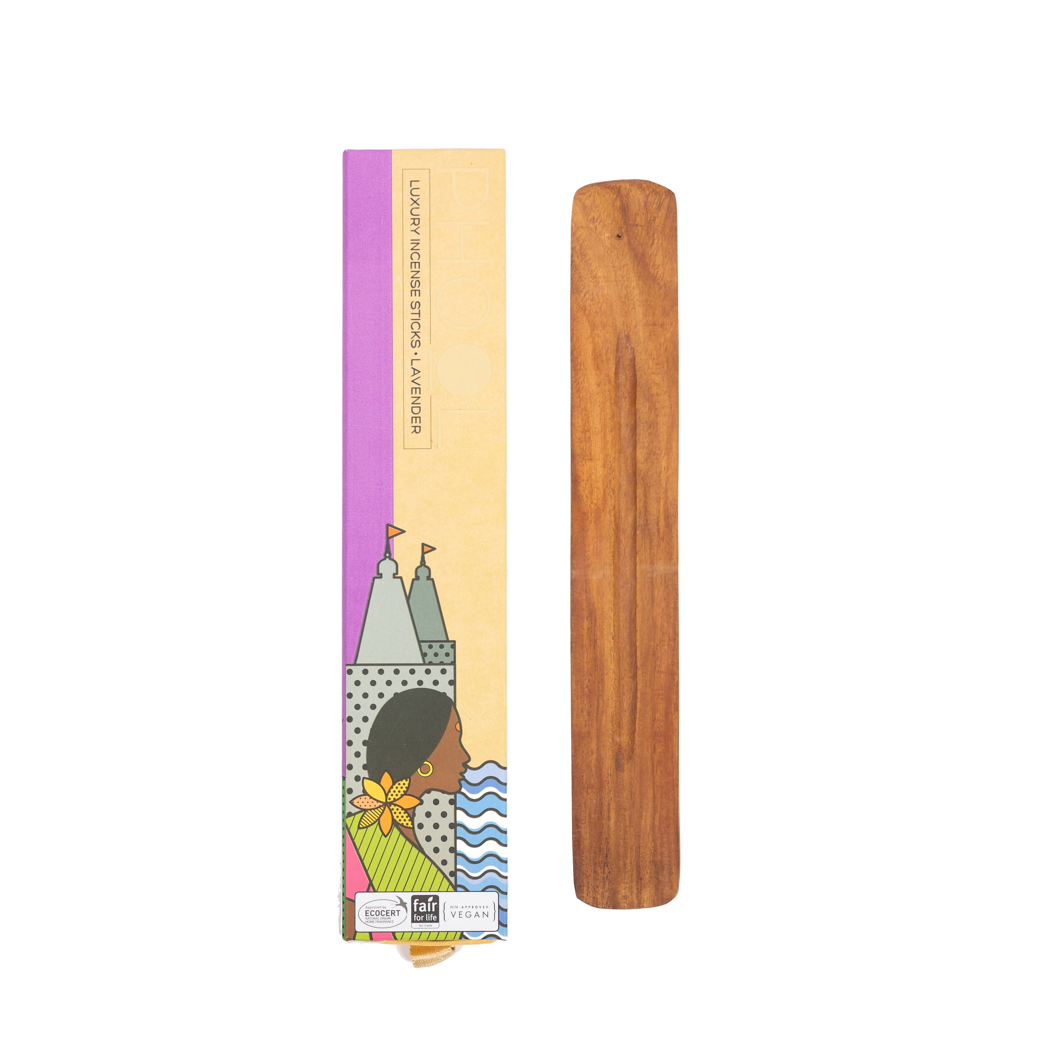 Box of Phool Lavender Incense Sticks and plain wooden holder on a white background.