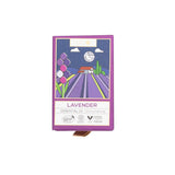 A box of Maya Shanti Yoga Phool Essential Oils - Lavender, ideal for aromatherapy, showcases illustrated lavender fields, a farmhouse, and Ecocert, Animal Test Free, and Vegan certification logos.