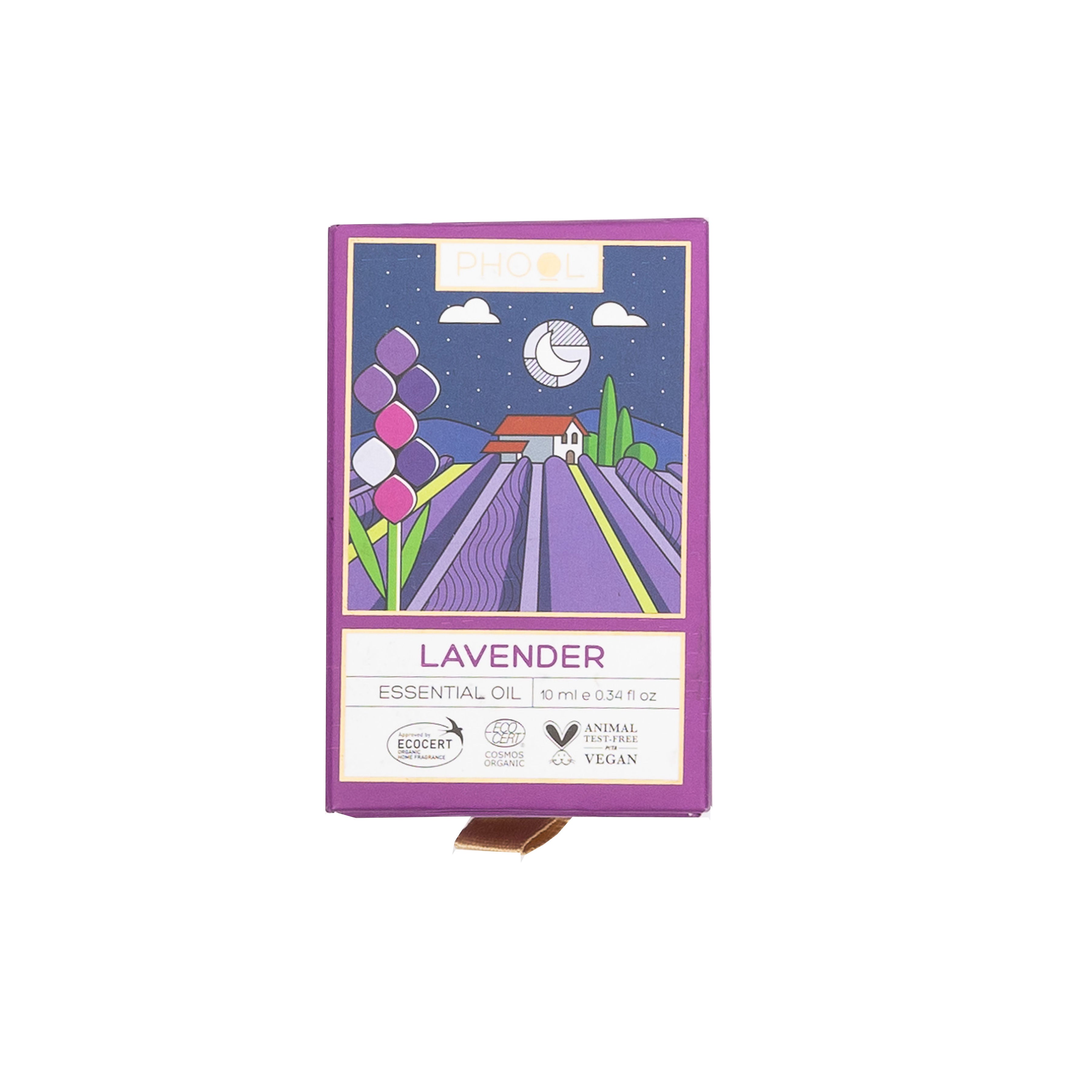 A box of Maya Shanti Yoga Phool Essential Oils - Lavender, ideal for aromatherapy, showcases illustrated lavender fields, a farmhouse, and Ecocert, Animal Test Free, and Vegan certification logos.