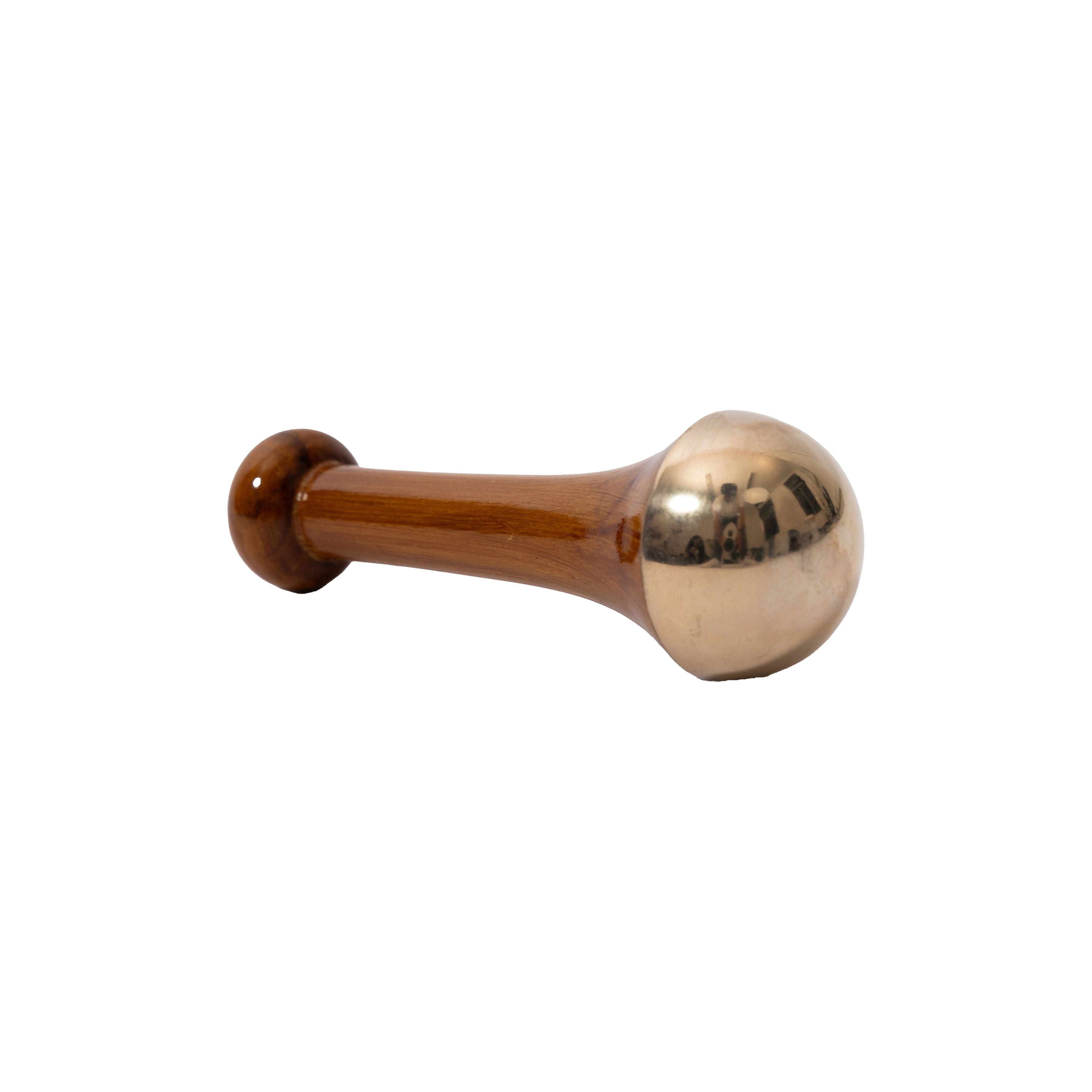 MSY Ayurvedic Kansa Wand massage tool, with a wooden handle and a metallic spherical end, on a white background.