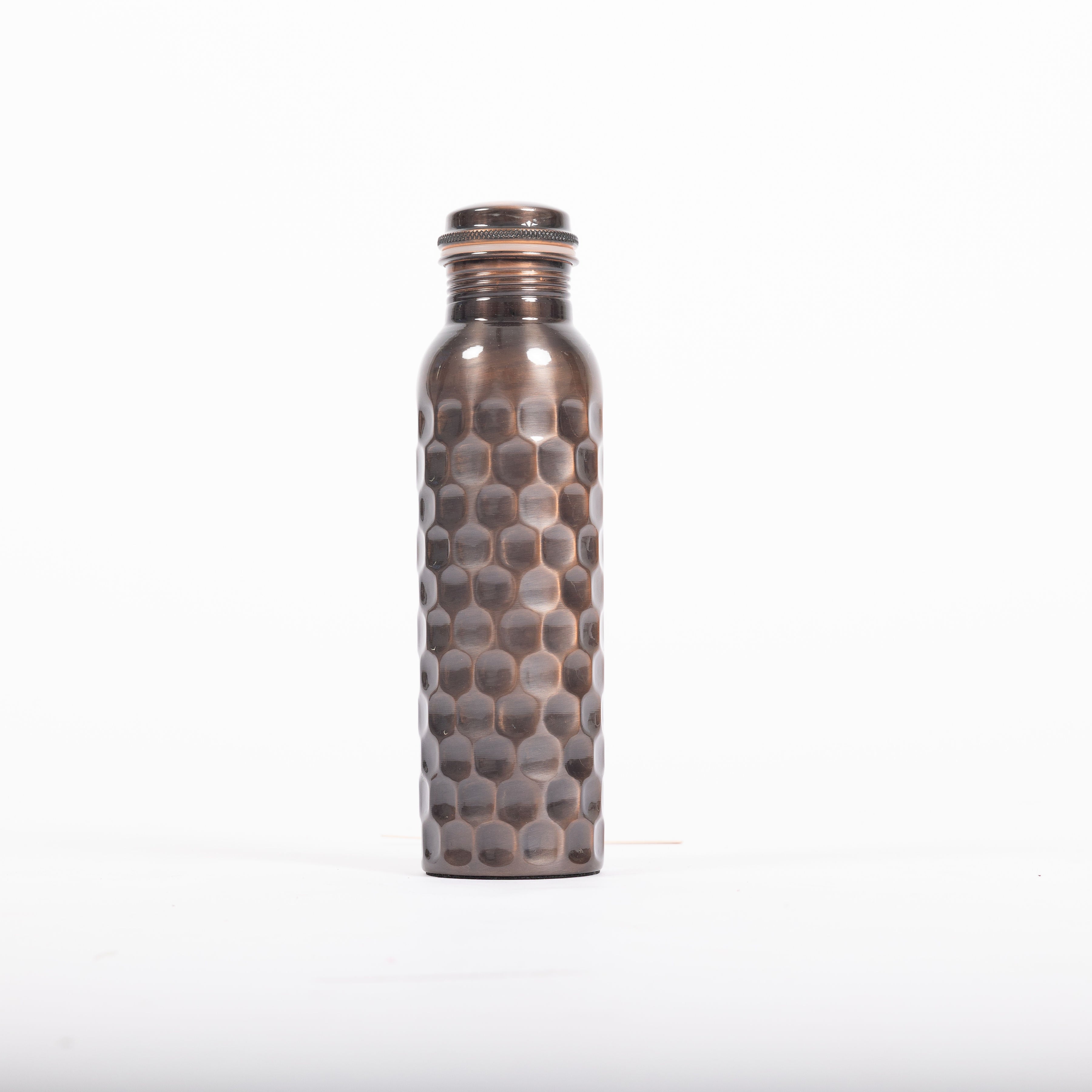 Maya Shanti Yoga Brown Antique 750ml Copper Water Bottle with lid screwed on, on a white background.