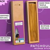 Phool Patchouli Incense Sticks packaging with text certified natural, 25% saving per pack, made from temple flowers, 80 sticks per pack.