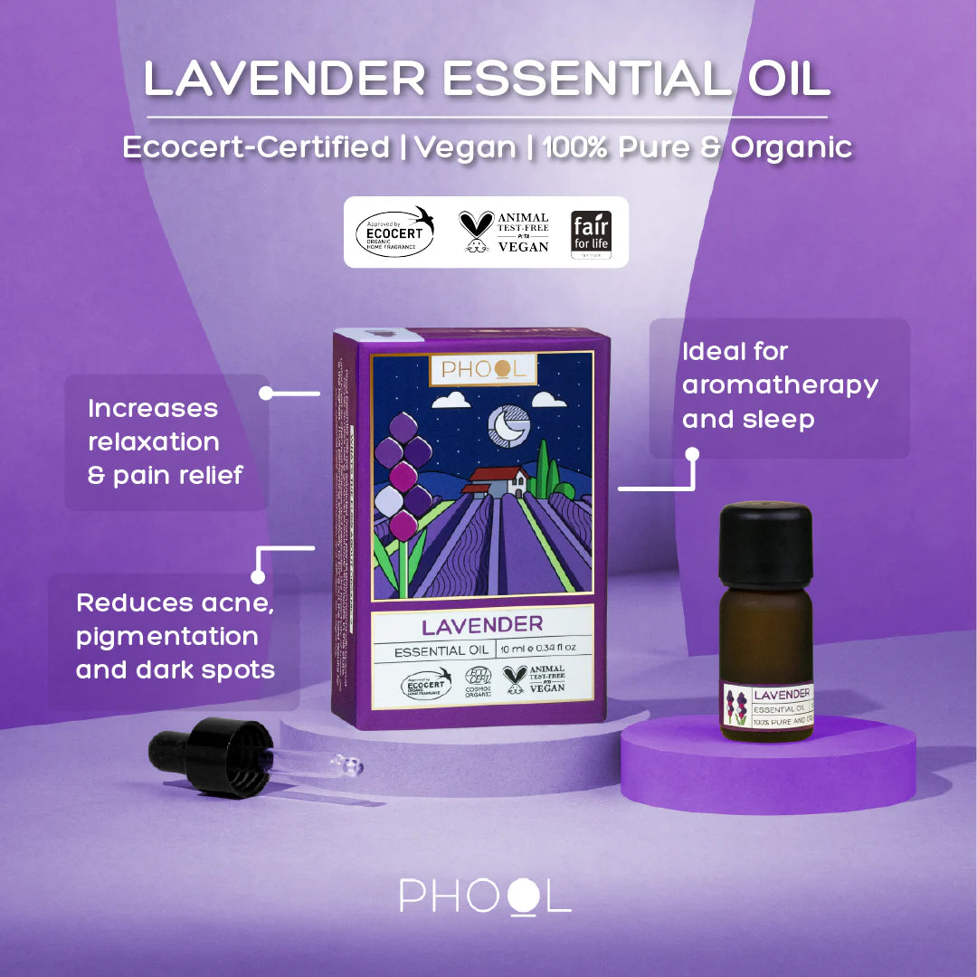 Phool Lavender Essential Oil displayed with bottle and dropper, highlighting relaxation, aromatherapy, antifungal benefits, and skin improvement.
