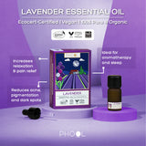 Phool Lavender Essential Oil displayed with bottle and dropper, highlighting relaxation, aromatherapy, antifungal benefits, and skin improvement.