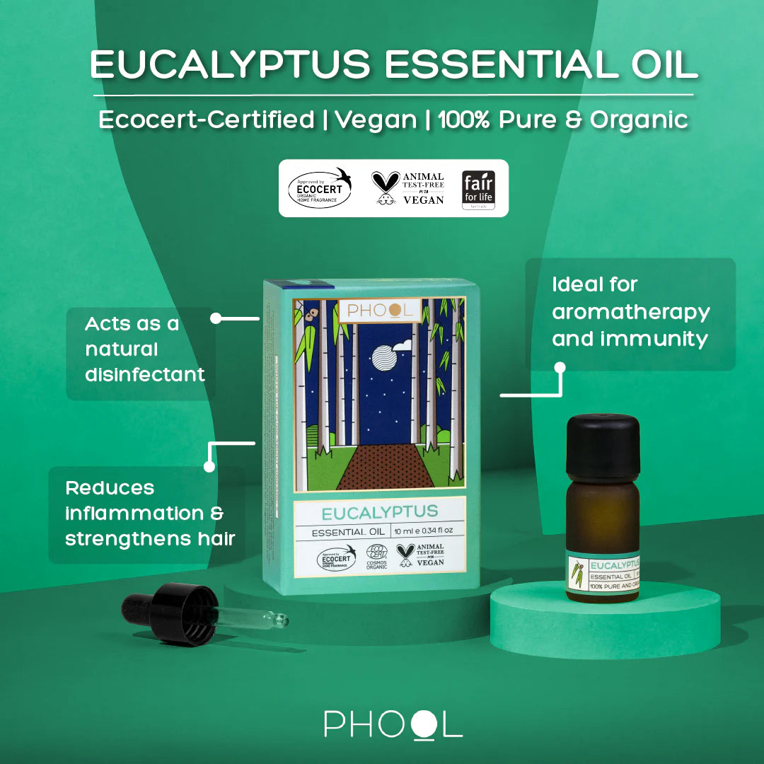 Box and bottle of Phool Eucalyptus  Essential Oils featuring benefits like aromatherapy, immunity support, use as a disinfectant, and hair strengthening.