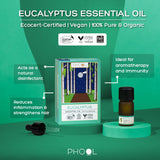 Box and bottle of Phool Eucalyptus  Essential Oils featuring benefits like aromatherapy, immunity support, use as a disinfectant, and hair strengthening.
