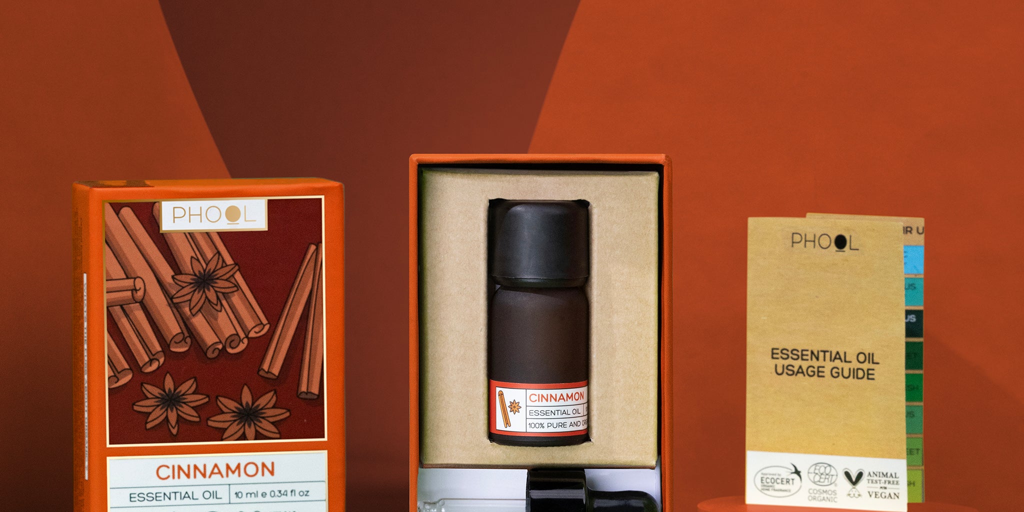 Phool Cinnamon Essential Oil set with bottle, dropper, outer packaging, and a usage guide on an orange background.