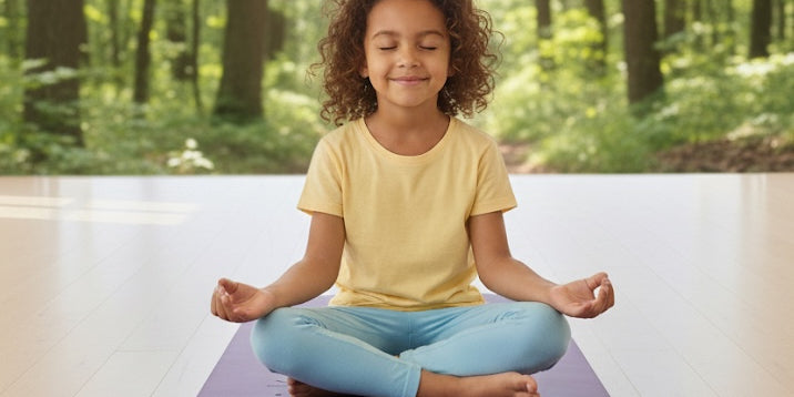 A child with curly hair sits cross-legged in Sukhasana on a Maya Shanti Yoga Kids Yoga Mat, on a wooden floor and a bright forest scene behind them.