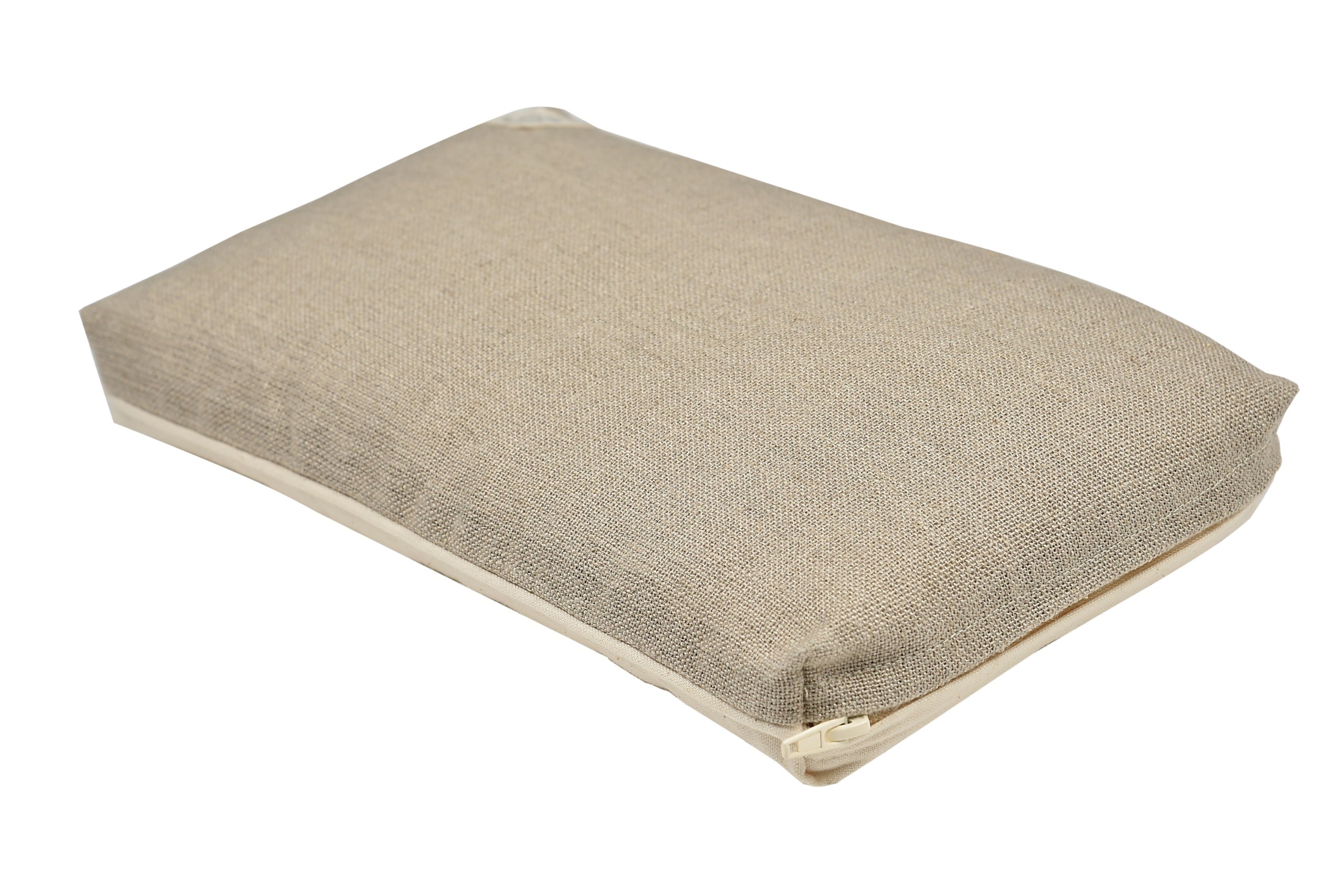 The Maya Shanti Yoga Pillow is a beige, rectangular pillow with a fabric cover and a visible zipper on one side, offering ergonomic support.