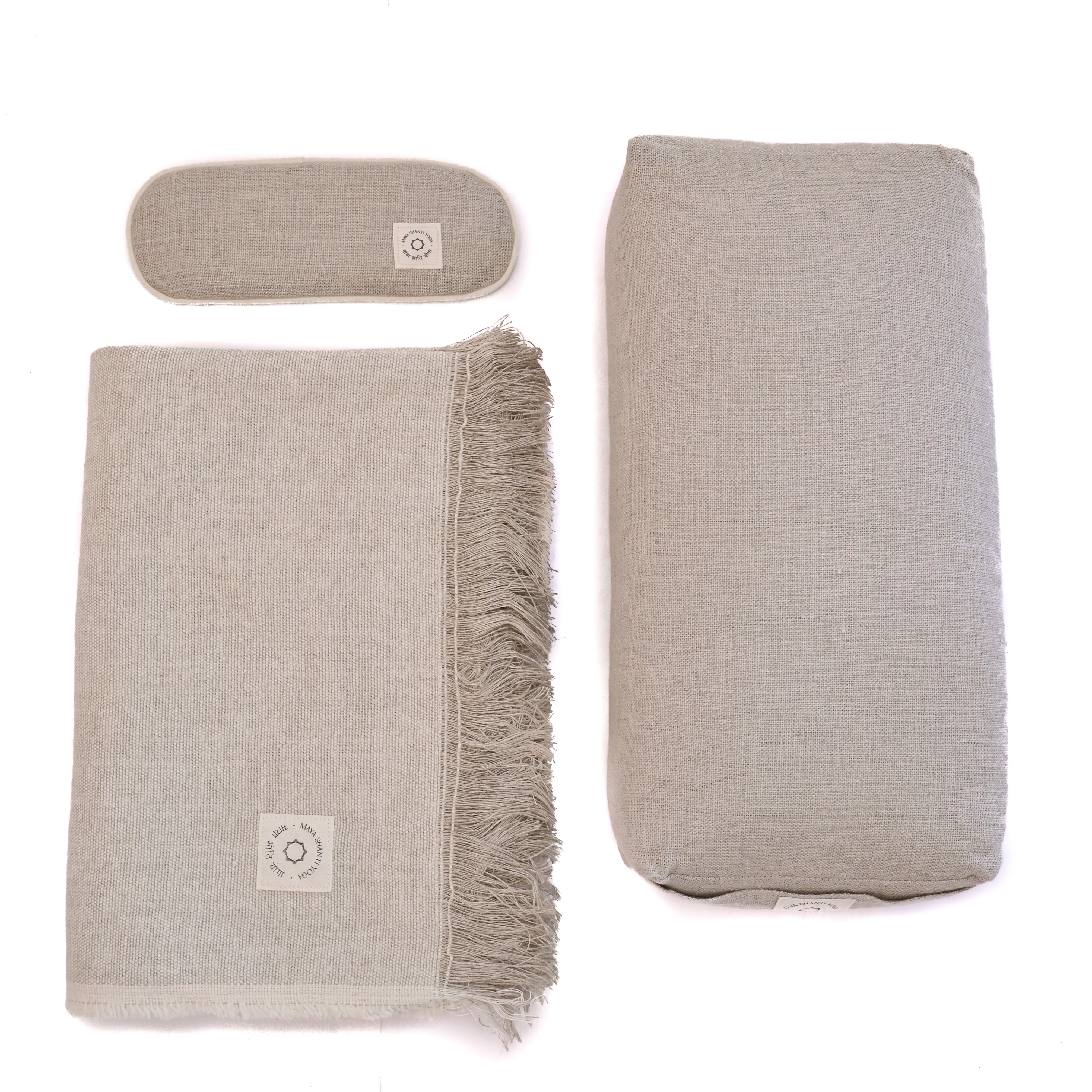 A set of MSY Meditation Starter Bundles from Maya Shanti Yoga in a natural hemp colour, perfect for enhancing mindfulness and meditation practices.