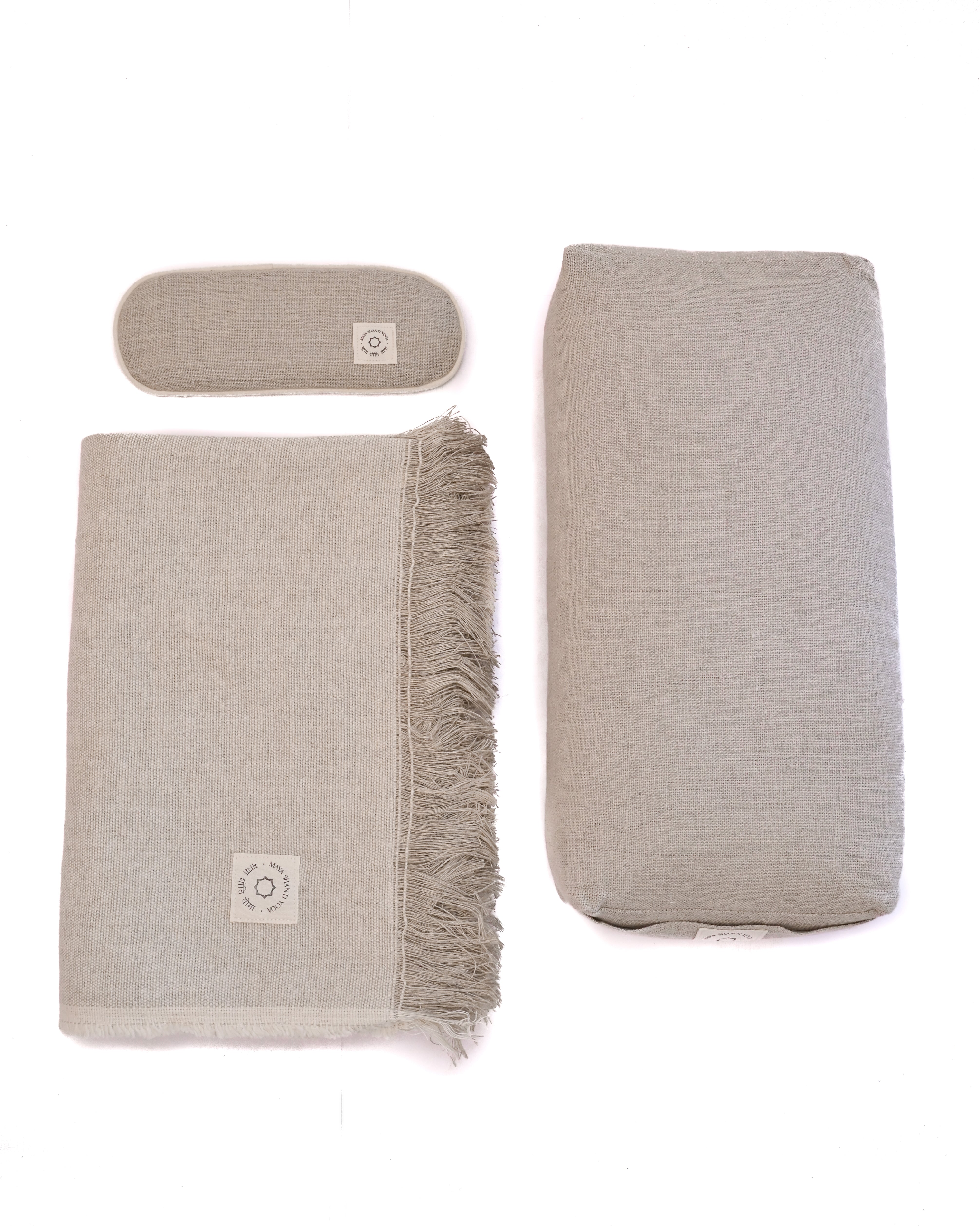 A set of MSY Meditation Starter Bundles from Maya Shanti Yoga in a natural hemp colour, perfect for enhancing mindfulness and meditation practices.