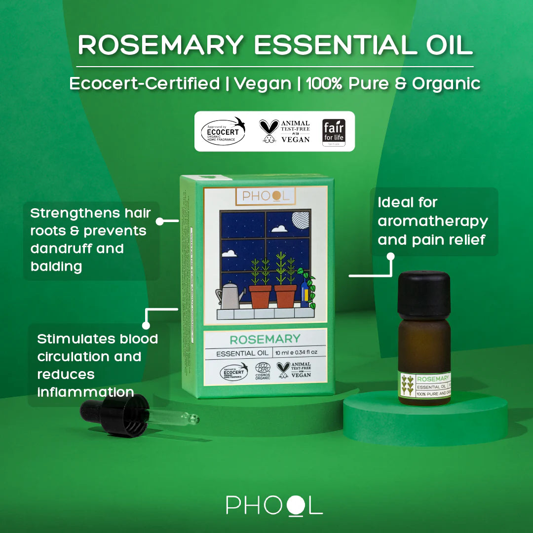 Rosemary essential oil packaging with bottle on a green background, featuring PHOOL brand.